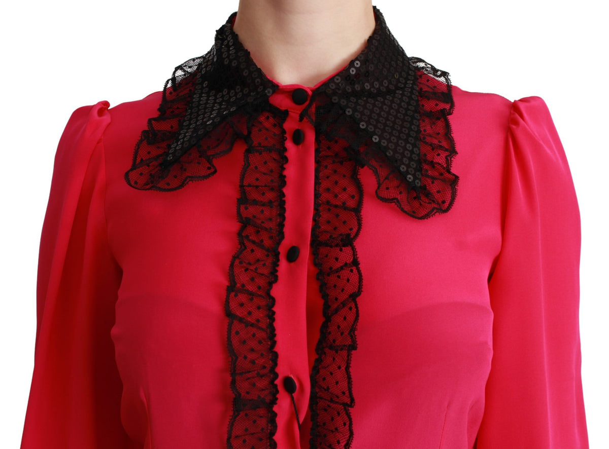Dolce & Gabbana Pink Silk Black Sequin Lace Shirt Blouse