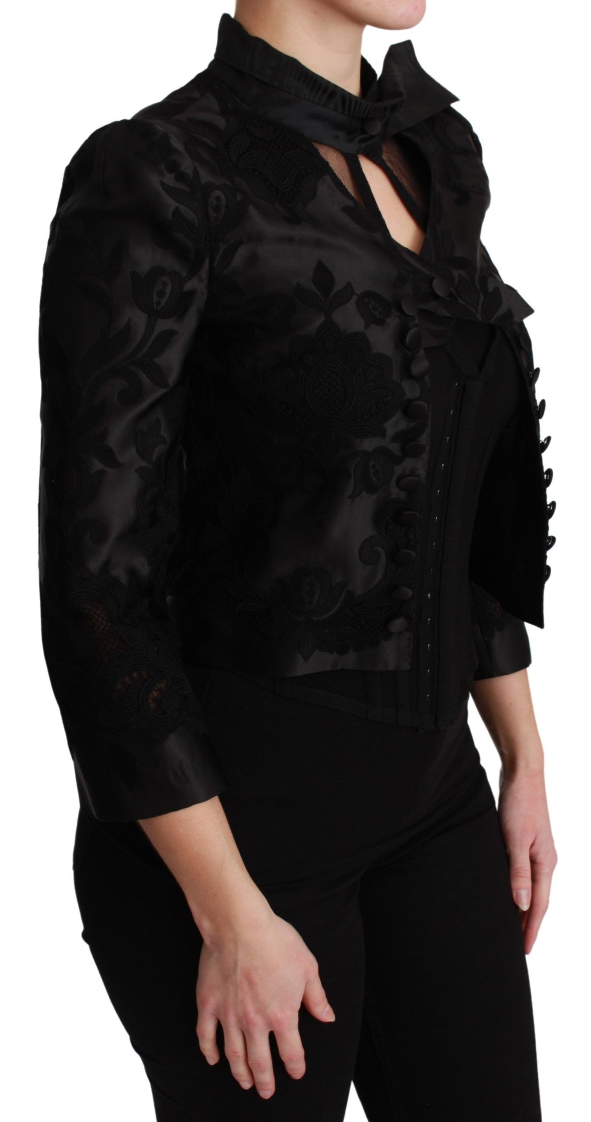 Dolce & Gabbana Black Floral Jacquard Lace-Up Blazer Jacket – Silk Lining
