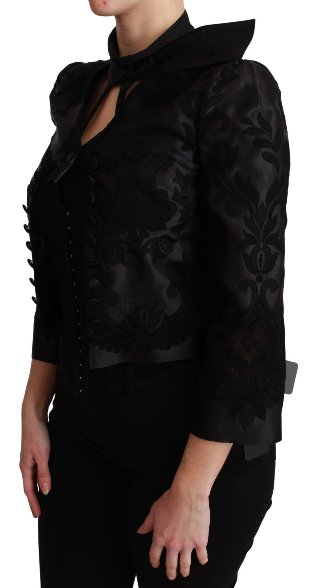 Dolce & Gabbana Black Floral Jacquard Lace-Up Blazer Jacket – Silk Lining