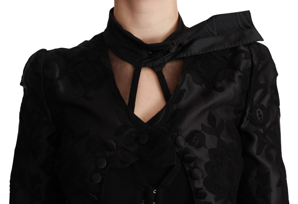 Dolce & Gabbana Black Floral Jacquard Lace-Up Blazer Jacket – Silk Lining