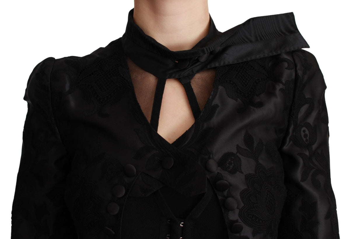 Dolce & Gabbana Black Floral Jacquard Lace-Up Blazer Jacket – Silk Lining