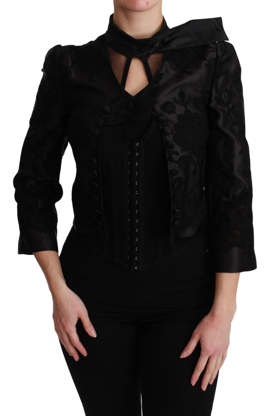Dolce & Gabbana Black Floral Jacquard Lace-Up Blazer Jacket – Silk Lining