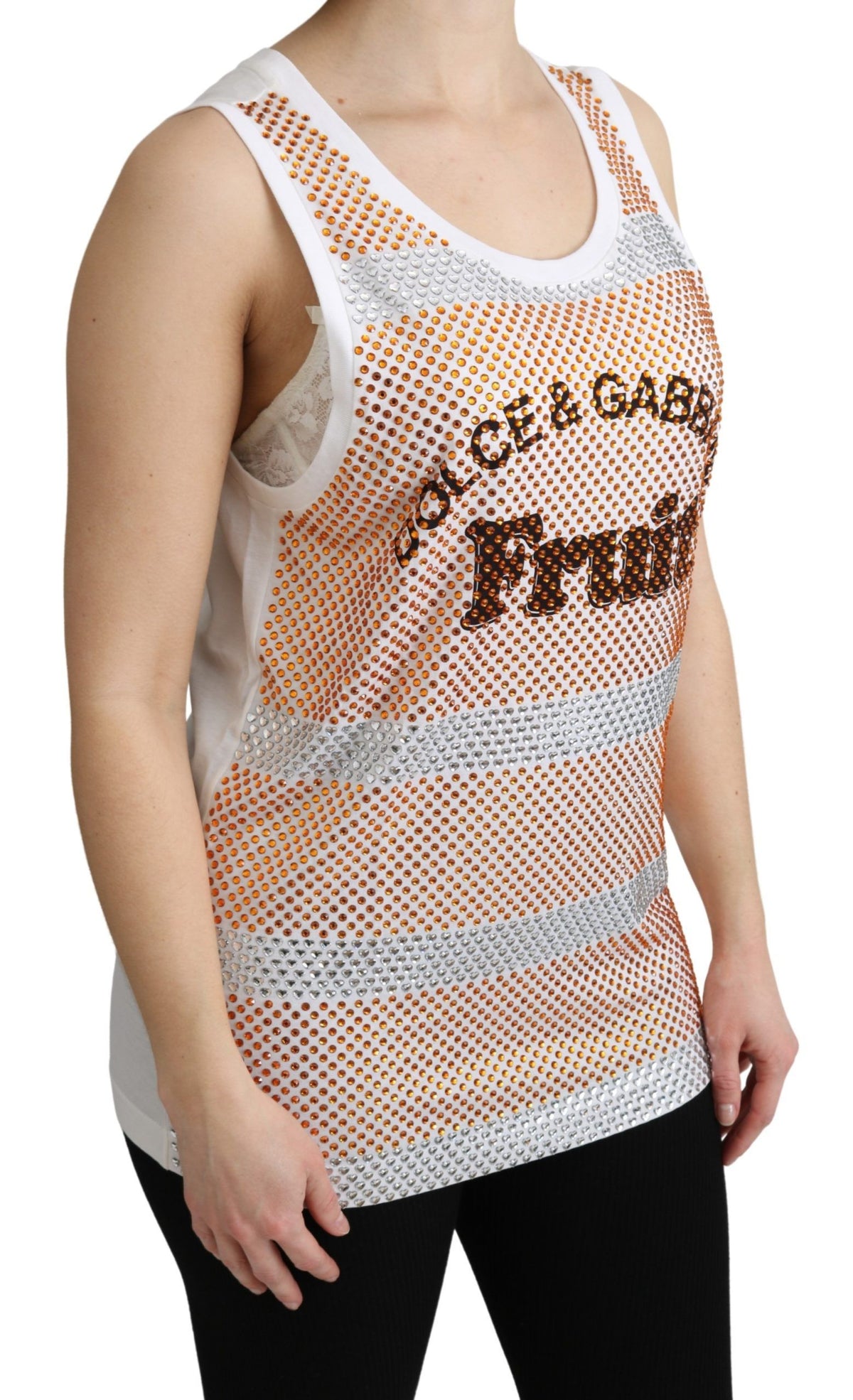 Dolce & Gabbana White-Orange 100% Cotton Crystal-Embellished Sleeveless Tank Top – U-Neck, Logo Detail, Italian