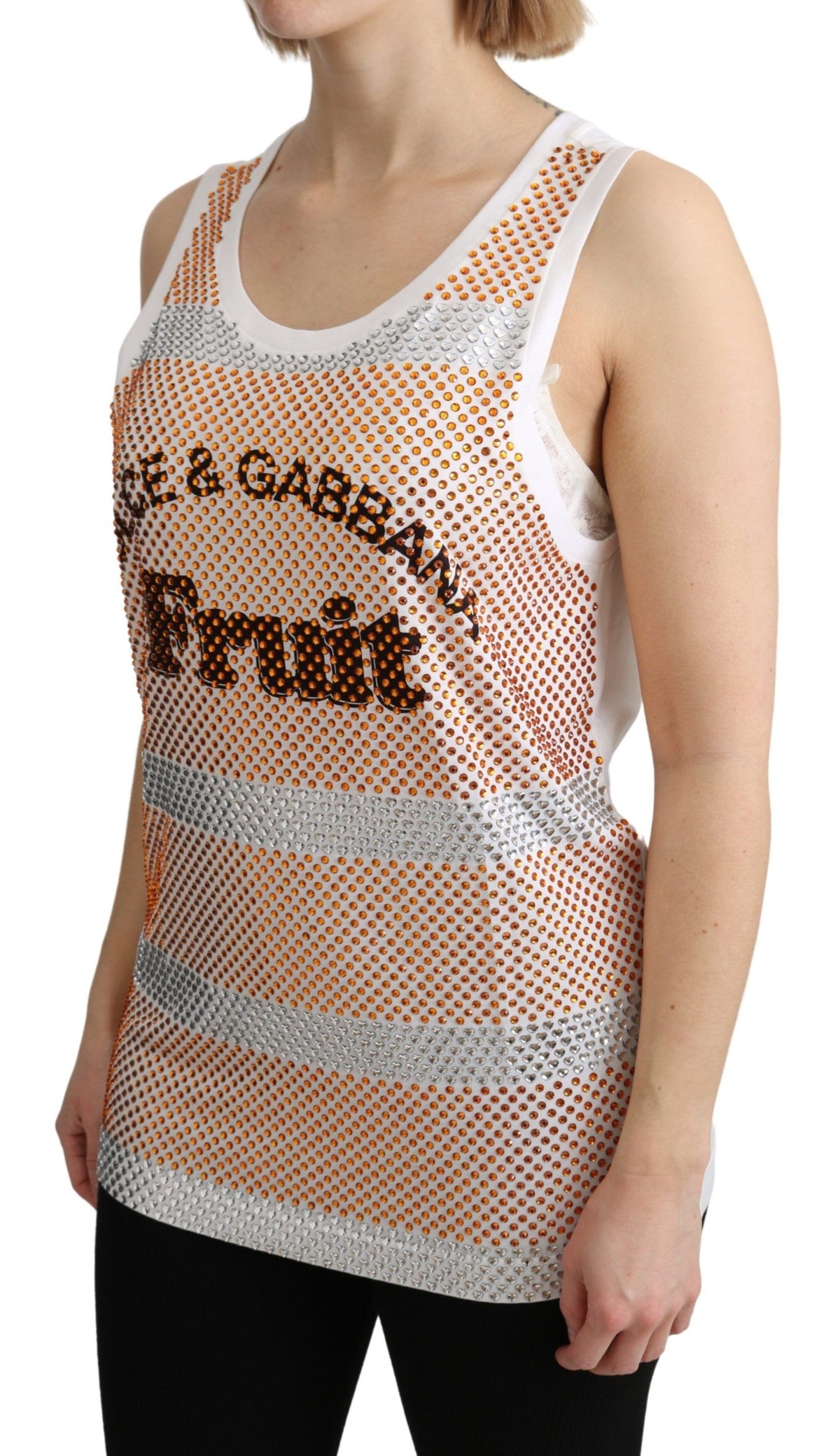 Dolce & Gabbana White-Orange 100% Cotton Crystal-Embellished Sleeveless Tank Top – U-Neck, Logo Detail, Italian
