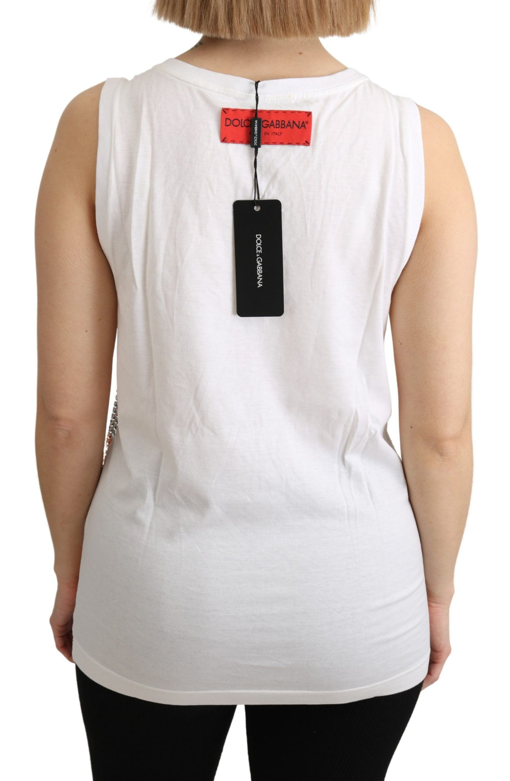 Dolce & Gabbana White-Orange 100% Cotton Crystal-Embellished Sleeveless Tank Top – U-Neck, Logo Detail, Italian
