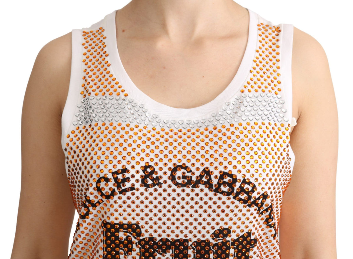 Dolce & Gabbana White-Orange 100% Cotton Crystal-Embellished Sleeveless Tank Top – U-Neck, Logo Detail, Italian