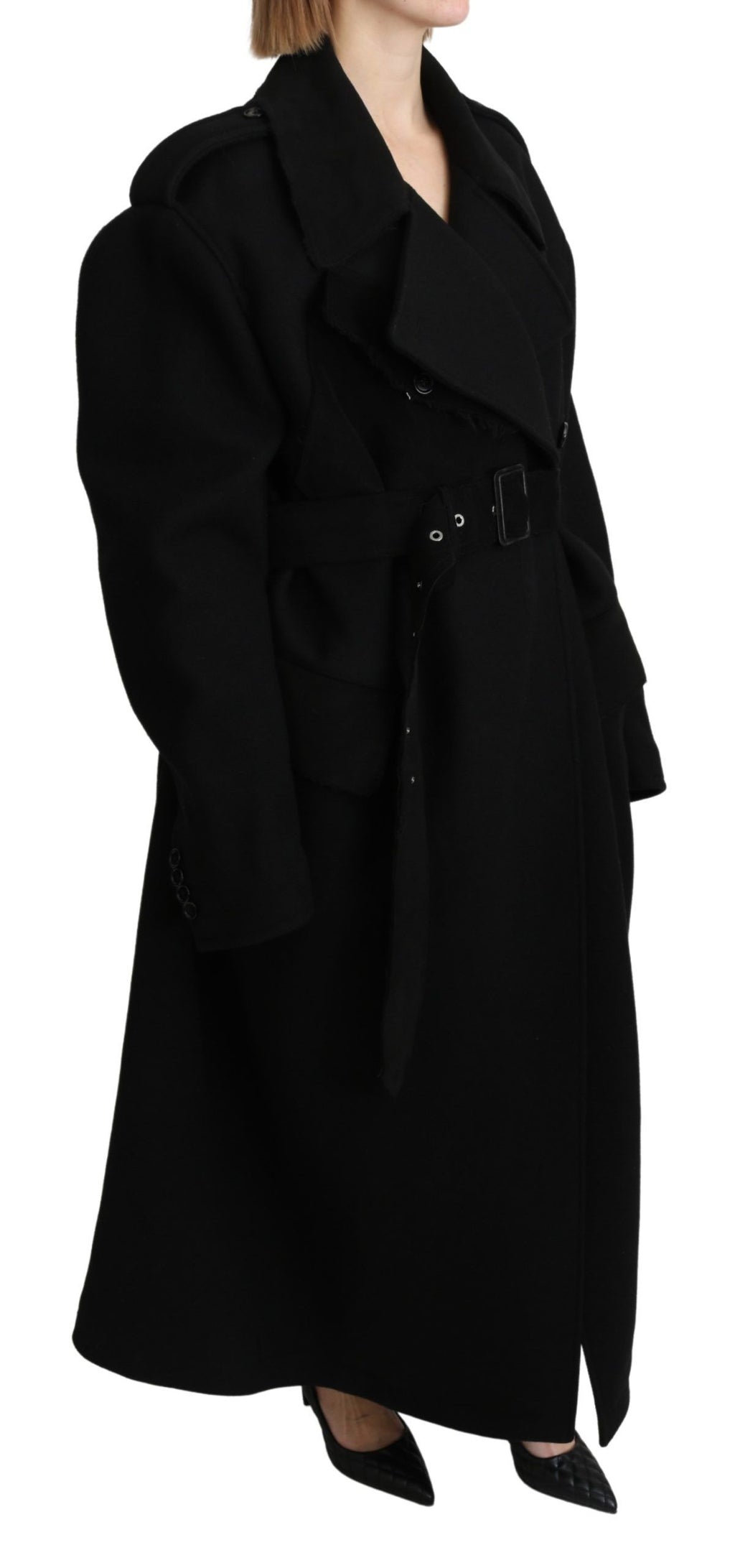 Dolce & Gabbana Black Virgin Wool Trench Coat – Belted Closure