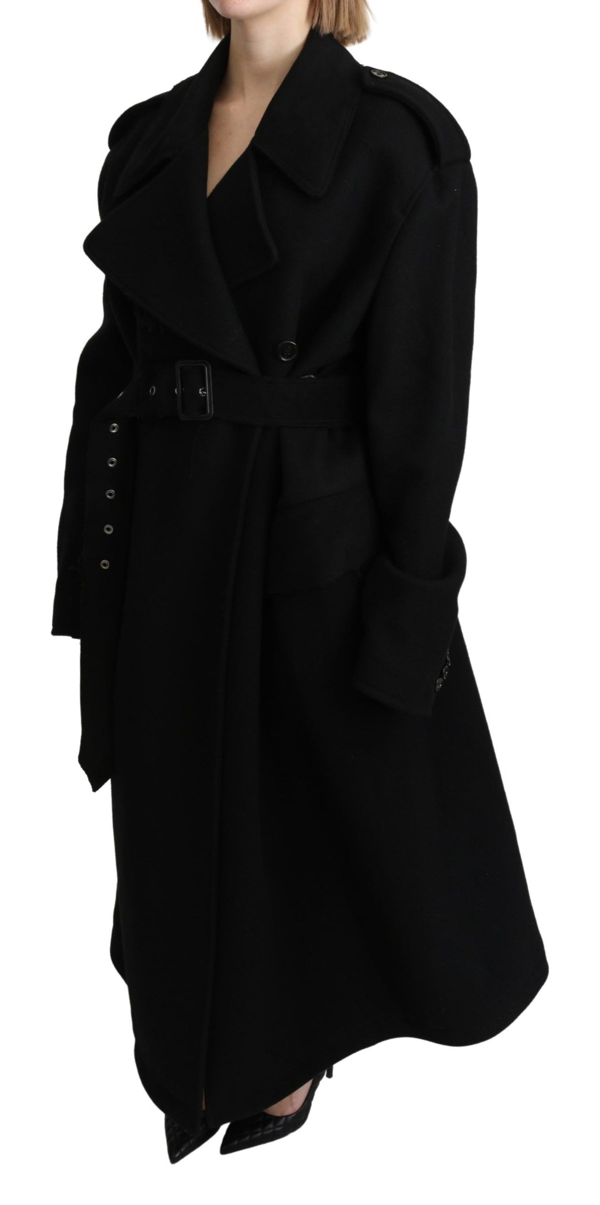 Dolce & Gabbana Black Virgin Wool Trench Coat – Belted Closure
