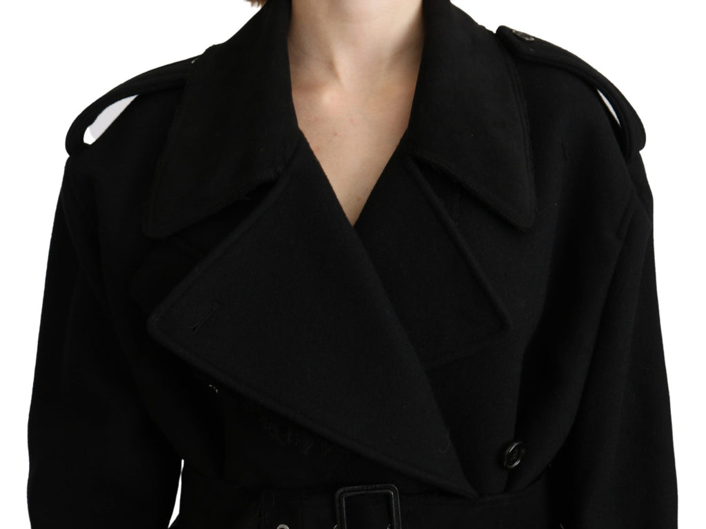 Dolce & Gabbana Black Virgin Wool Trench Coat – Belted Closure