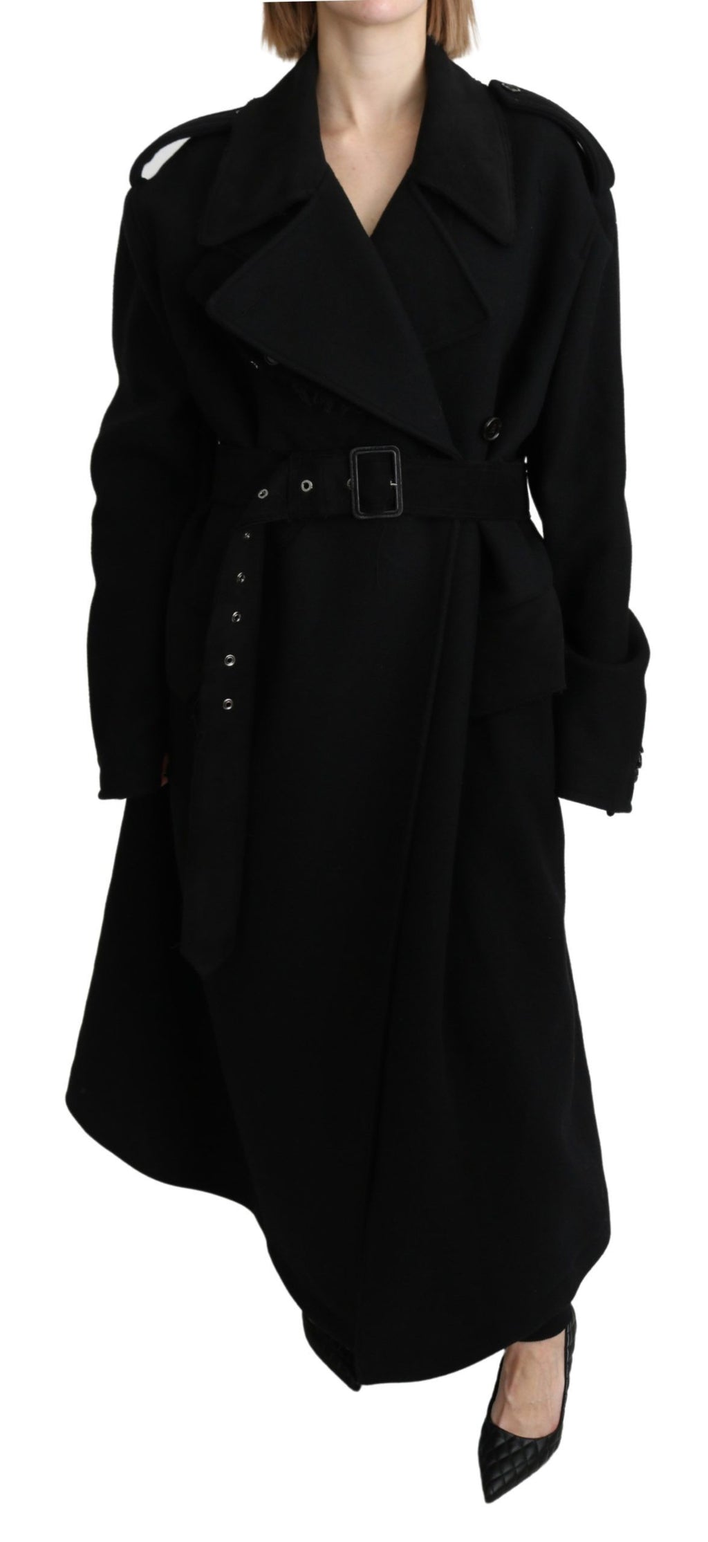 Dolce & Gabbana Black Virgin Wool Trench Coat – Belted Closure