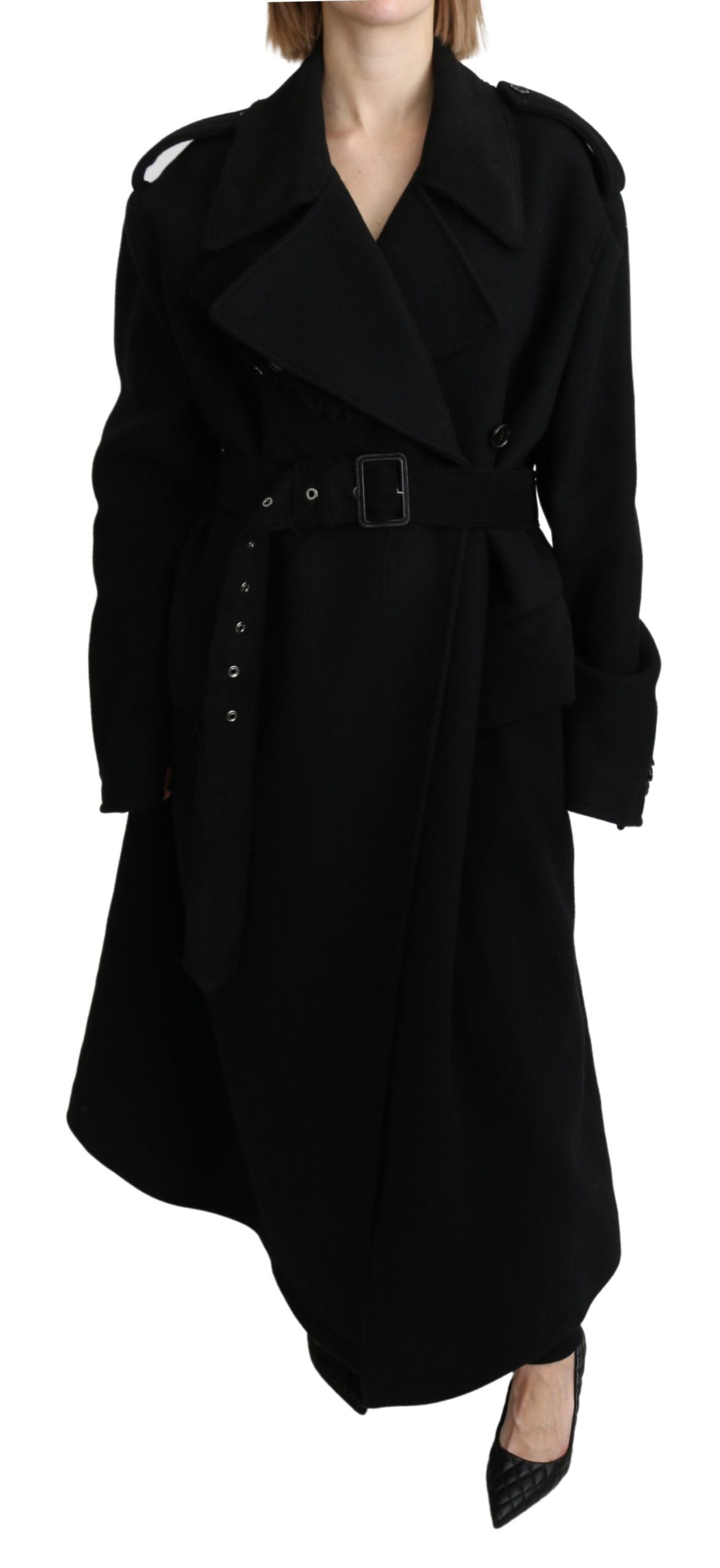 Dolce & Gabbana Black Virgin Wool Trench Coat – Belted Closure