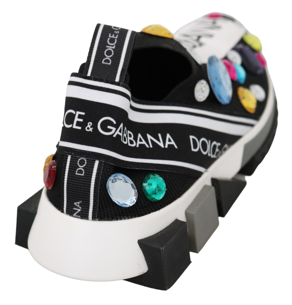 Dolce & Gabbana Black-White Multicolored Crystal Sneaker – Stretch, Low-Top, Rubber Sole, Logo, Italian