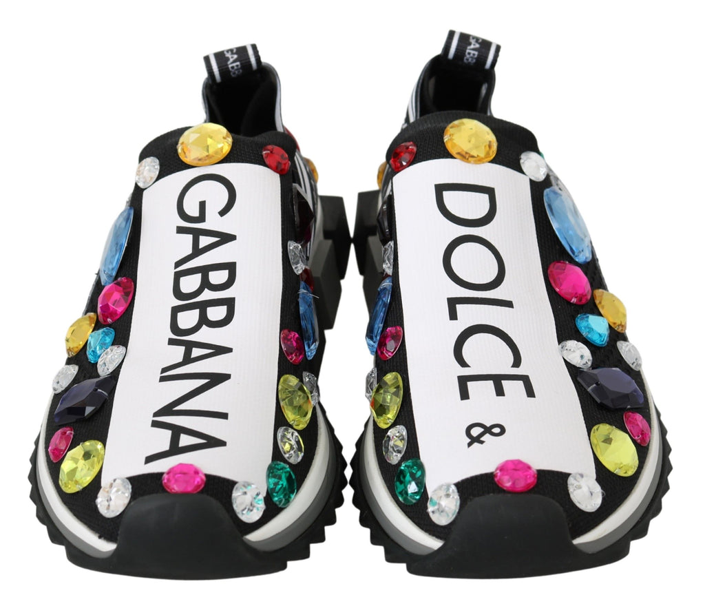 Dolce & Gabbana Black-White Multicolored Crystal Sneaker – Stretch, Low-Top, Rubber Sole, Logo, Italian