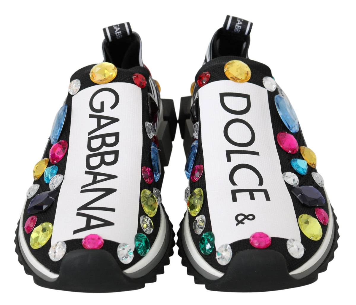 Dolce & Gabbana Black-White Multicolored Crystal Sneaker – Stretch, Low-Top, Rubber Sole, Logo, Italian
