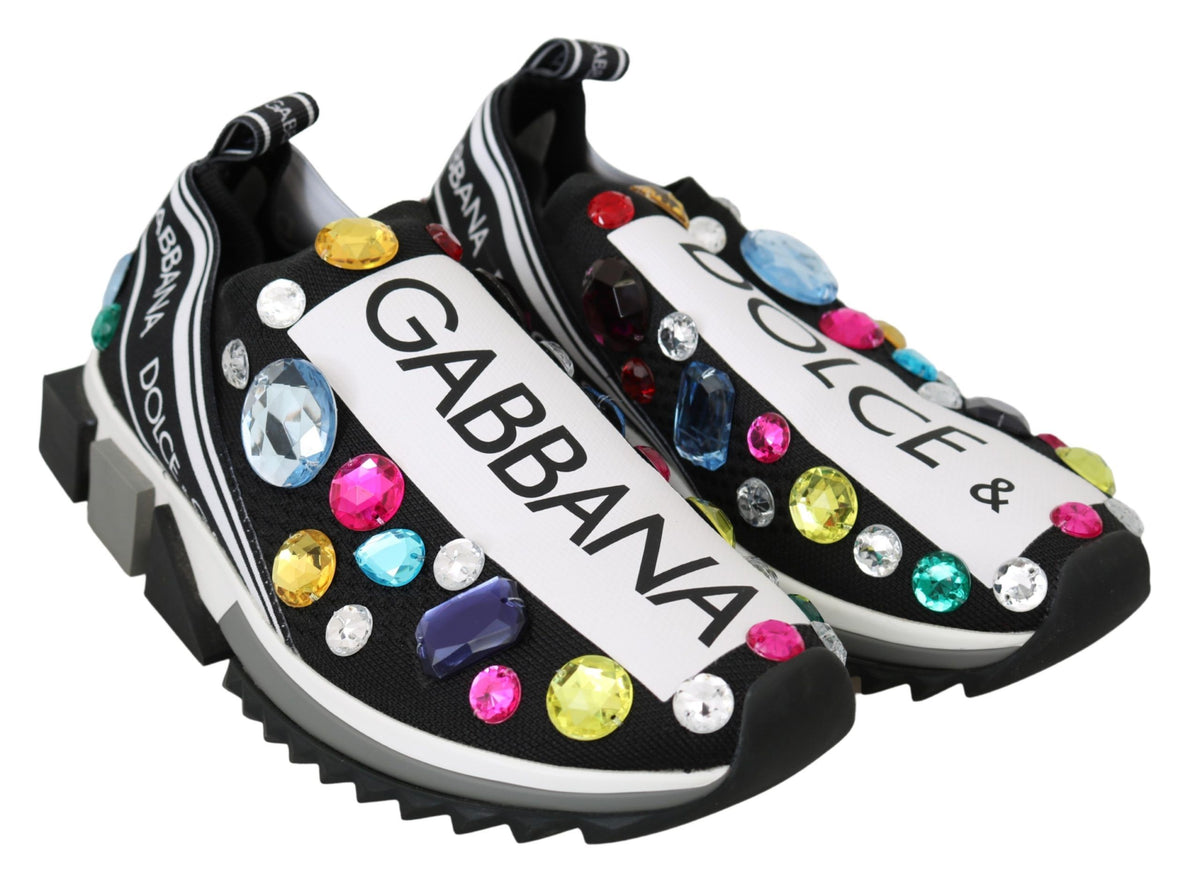 Dolce & Gabbana Black-White Multicolored Crystal Sneaker – Stretch, Low-Top, Rubber Sole, Logo, Italian