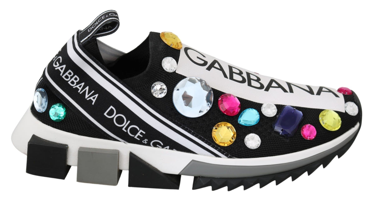 Dolce & Gabbana Black-White Multicolored Crystal Sneaker – Stretch, Low-Top, Rubber Sole, Logo, Italian