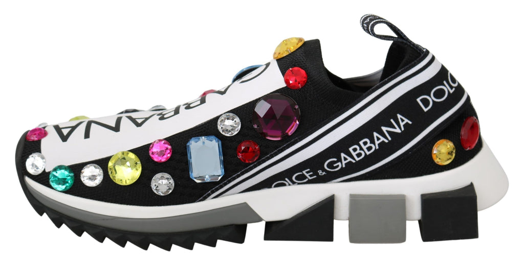 Dolce & Gabbana Black-White Multicolored Crystal Sneaker – Stretch, Low-Top, Rubber Sole, Logo, Italian