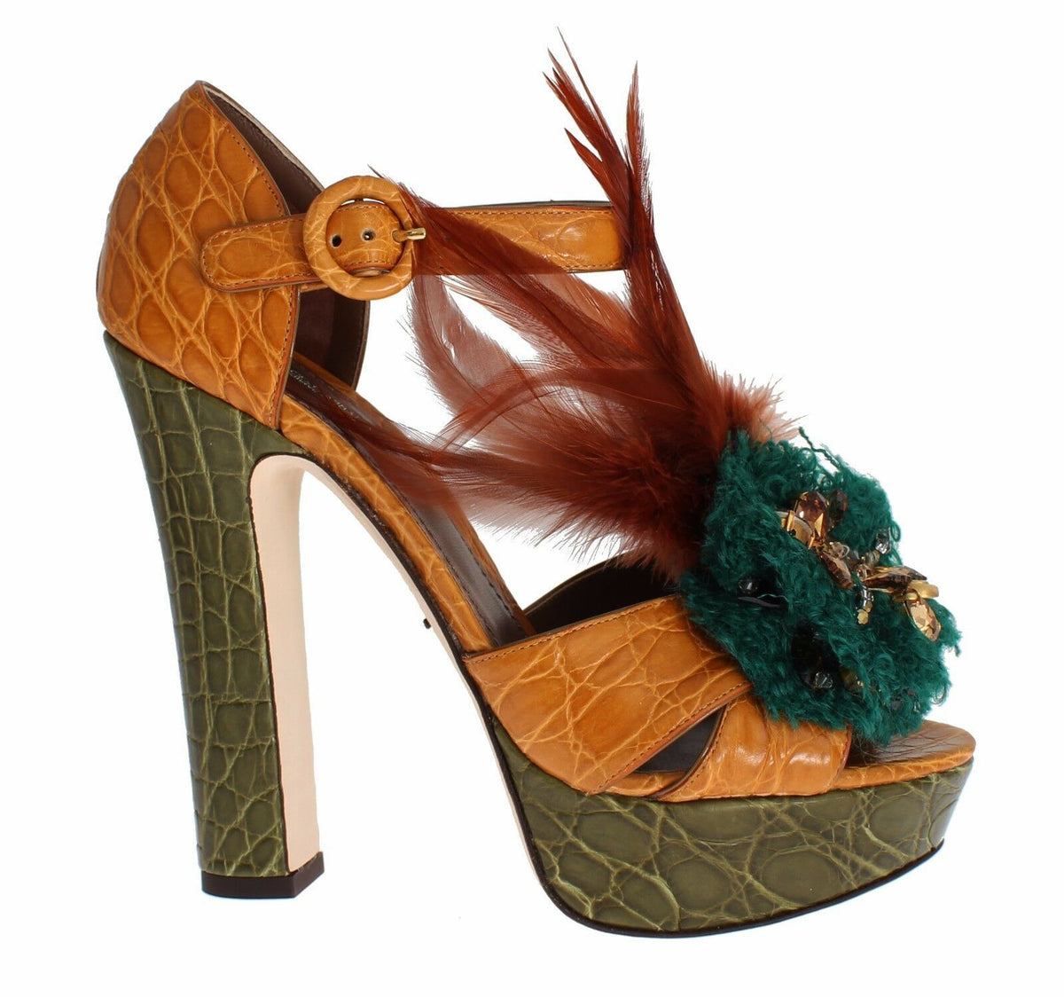 Dolce & Gabbana Orange Leather Crystal Platform Sandals – Champagne Crystals, Gold Details, Ankle Strap, Leather Sole, Italian