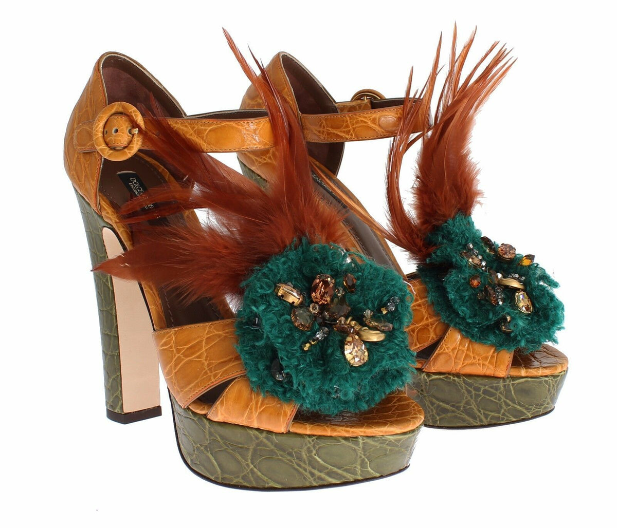 Dolce & Gabbana Orange Leather Crystal Platform Sandals – Champagne Crystals, Gold Details, Ankle Strap, Leather Sole, Italian