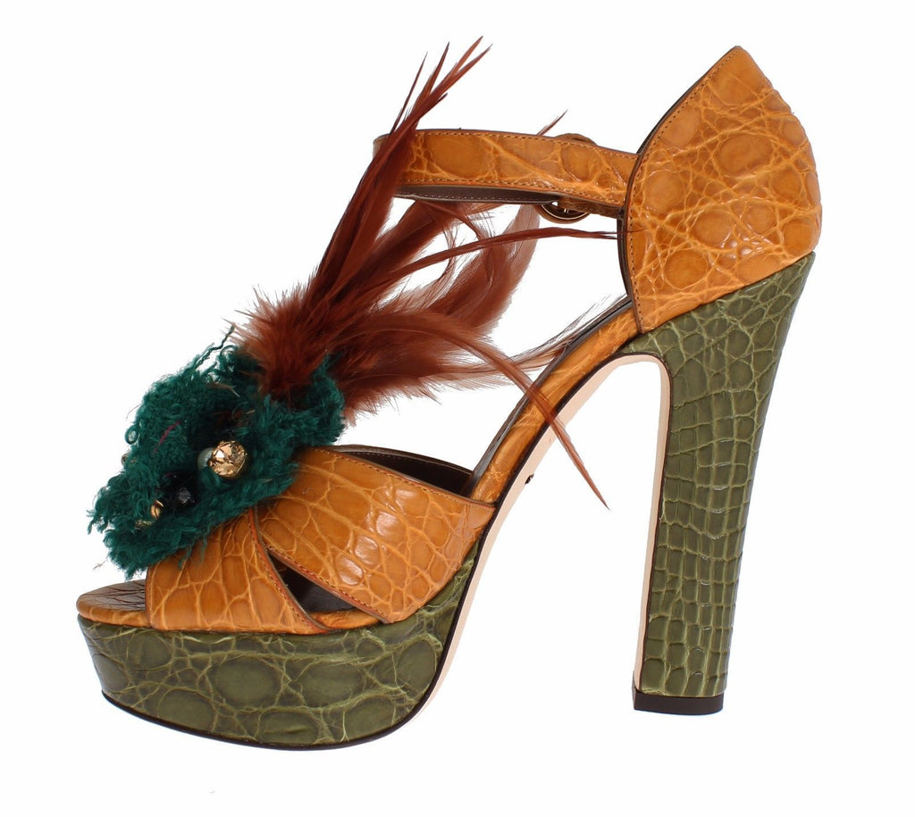 Dolce & Gabbana Orange Leather Crystal Platform Sandals – Champagne Crystals, Gold Details, Ankle Strap, Leather Sole, Italian