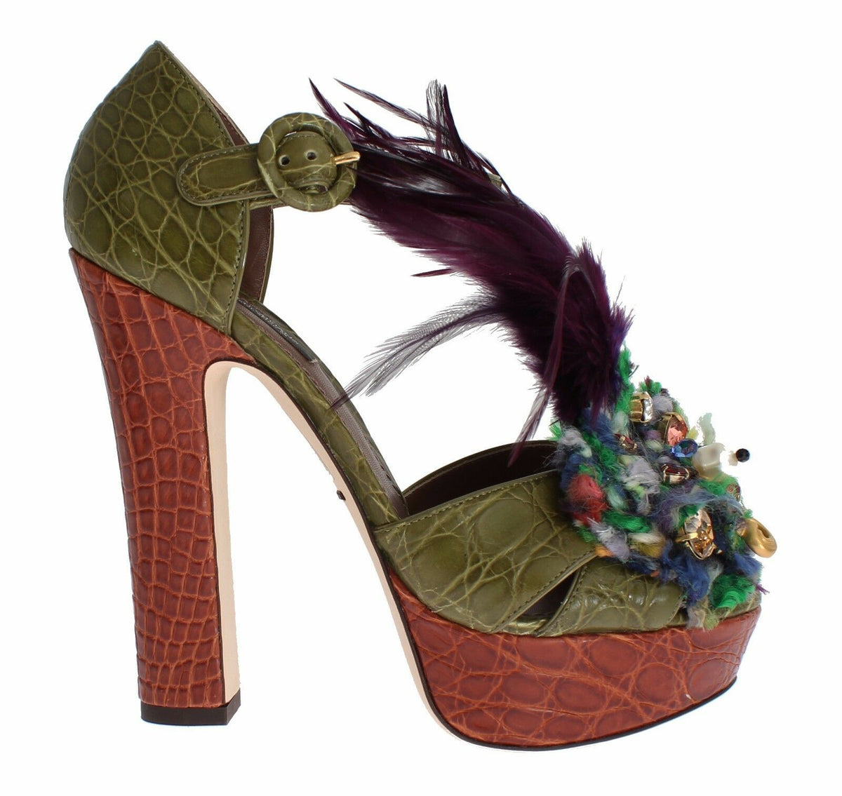 Dolce & Gabbana Green-Brown Leather Multicolored Crystal Platform Sandals – Gold Details, Ankle Strap, Leather Sole, Italian