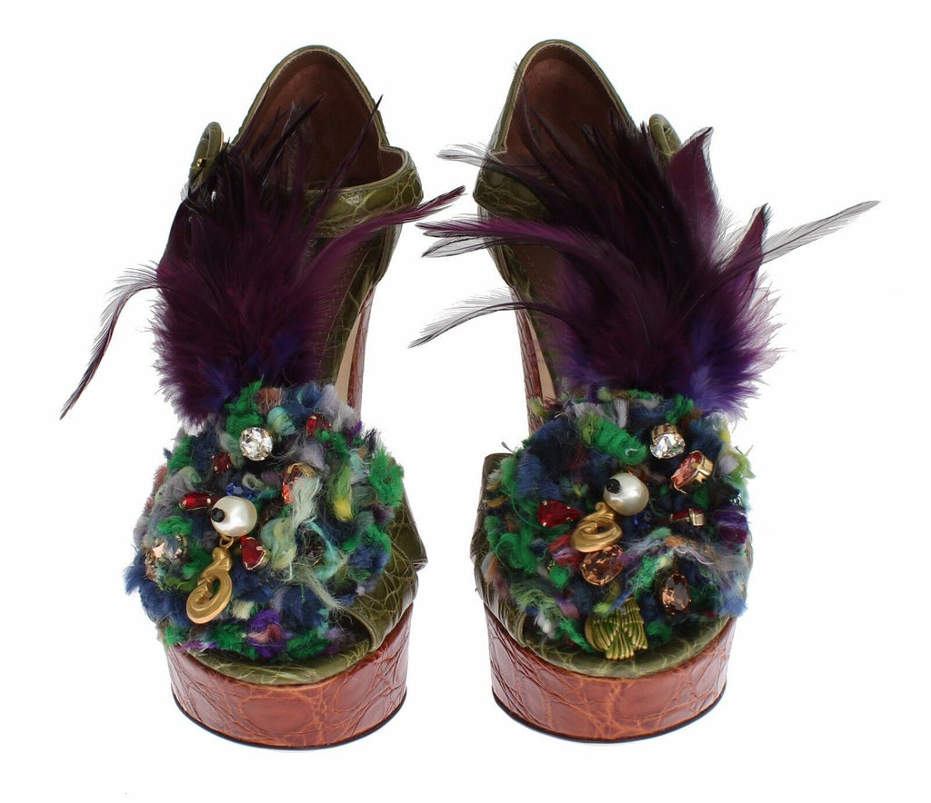 Dolce & Gabbana Green-Brown Leather Multicolored Crystal Platform Sandals – Gold Details, Ankle Strap, Leather Sole, Italian