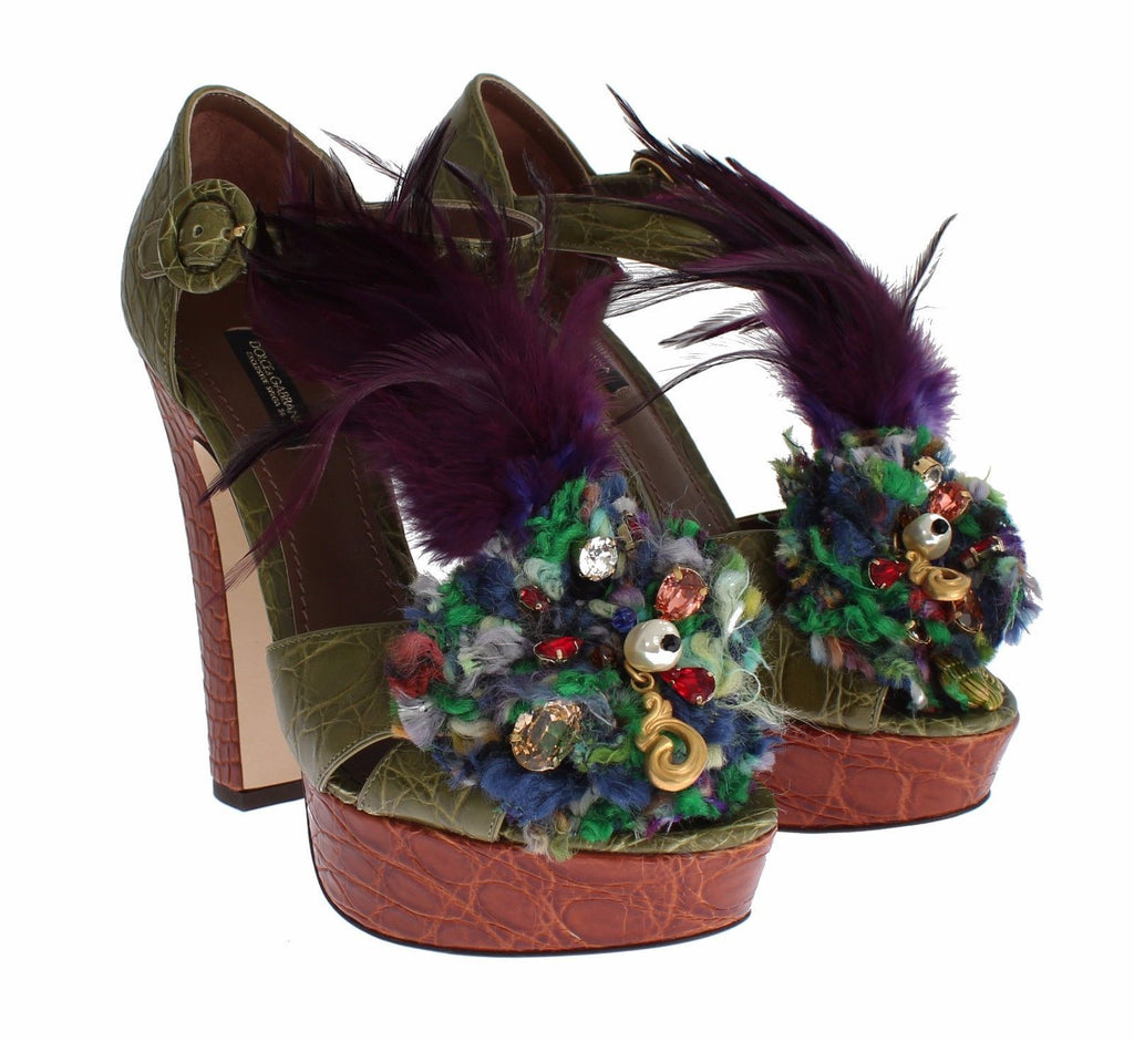 Dolce & Gabbana Green-Brown Leather Multicolored Crystal Platform Sandals – Gold Details, Ankle Strap, Leather Sole, Italian