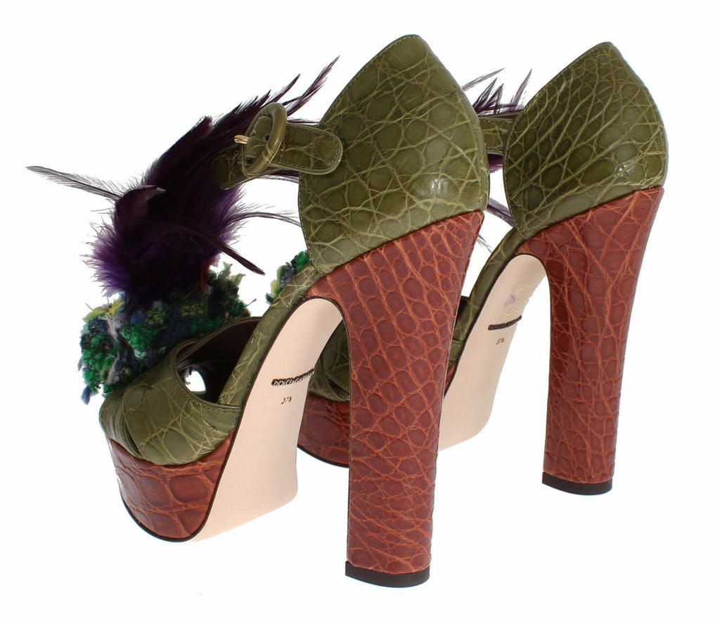 Dolce & Gabbana Green-Brown Leather Multicolored Crystal Platform Sandals – Gold Details, Ankle Strap, Leather Sole, Italian