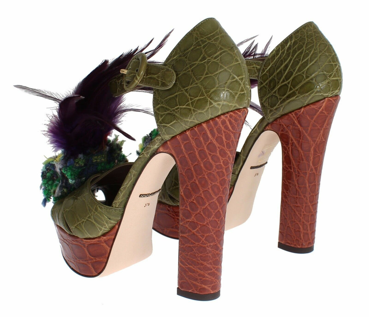 Dolce & Gabbana Green-Brown Leather Multicolored Crystal Platform Sandals – Gold Details, Ankle Strap, Leather Sole, Italian