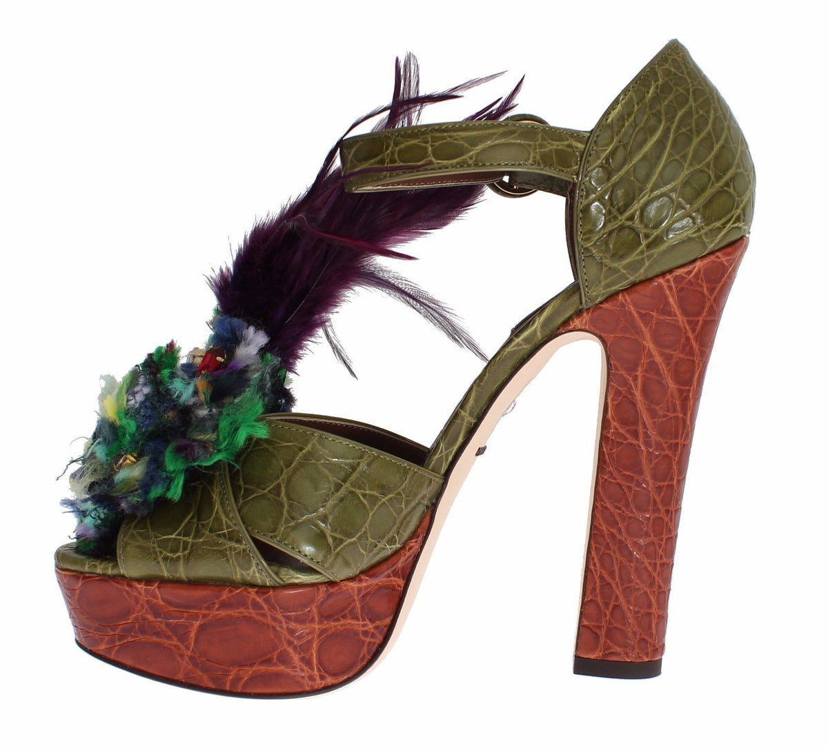 Dolce & Gabbana Green-Brown Leather Multicolored Crystal Platform Sandals – Gold Details, Ankle Strap, Leather Sole, Italian