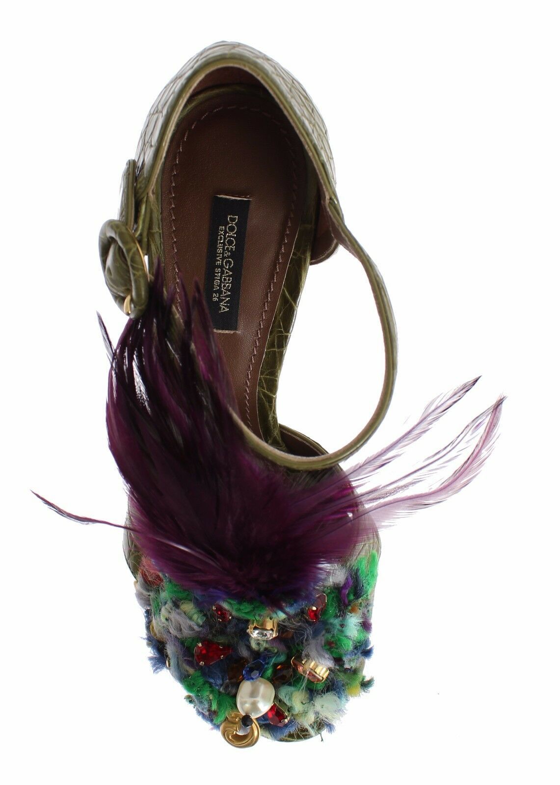 Dolce & Gabbana Green-Brown Leather Multicolored Crystal Platform Sandals – Gold Details, Ankle Strap, Leather Sole, Italian