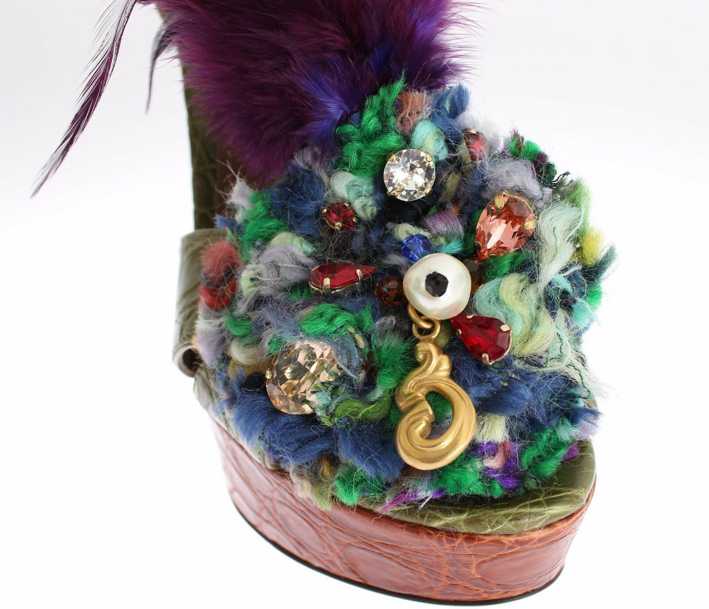 Dolce & Gabbana Green-Brown Leather Multicolored Crystal Platform Sandals – Gold Details, Ankle Strap, Leather Sole, Italian