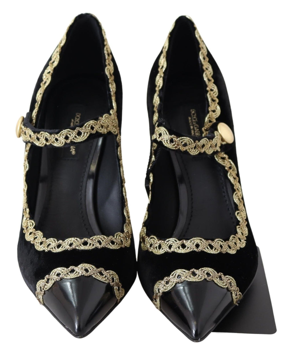 Dolce & Gabbana Black Velvet Gold Mary Jane Pumps – Gold Embroidery, Studded Ankle Strap, Stiletto Heel, Leather Sole, Italian