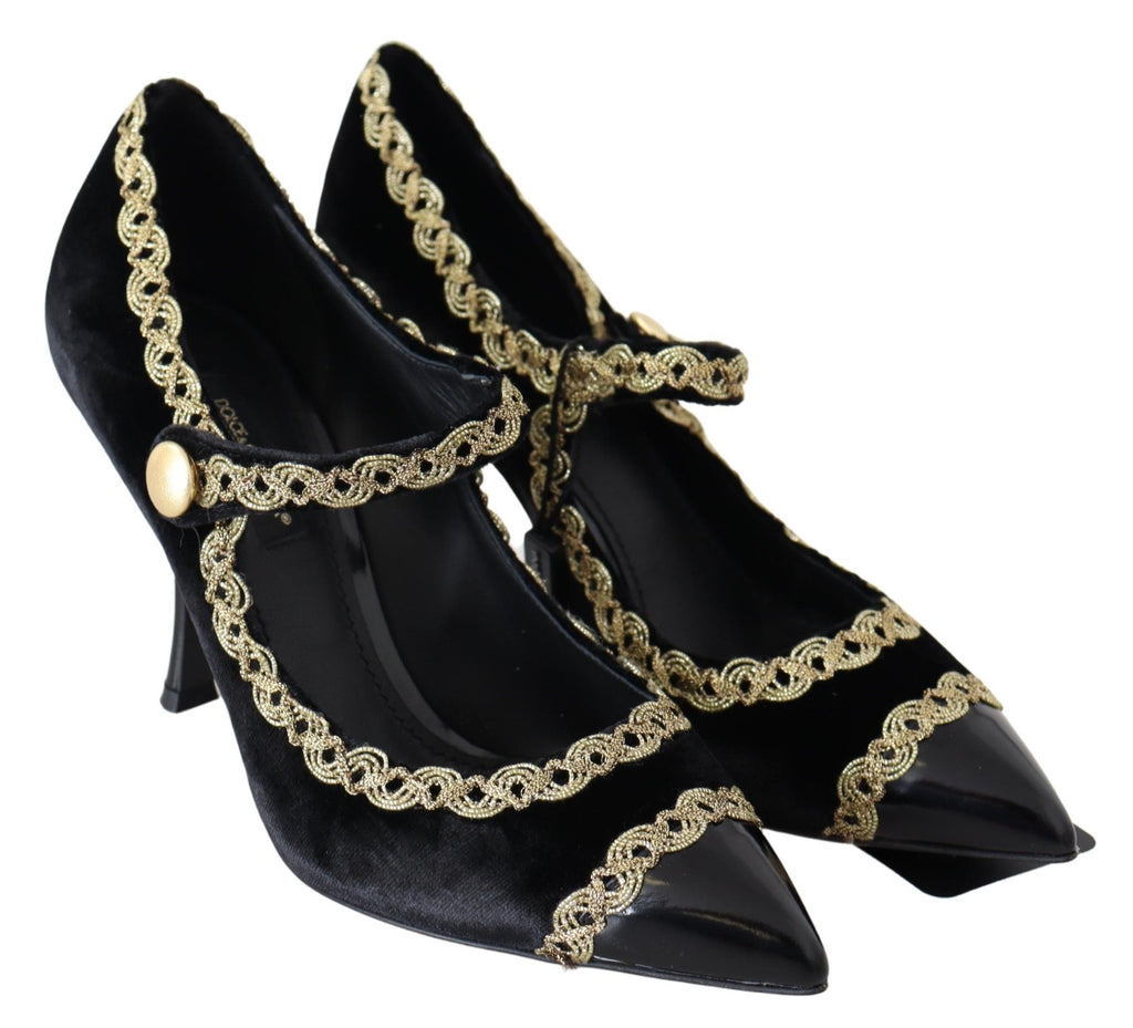 Dolce & Gabbana Black Velvet Gold Mary Jane Pumps – Gold Embroidery, Studded Ankle Strap, Stiletto Heel, Leather Sole, Italian