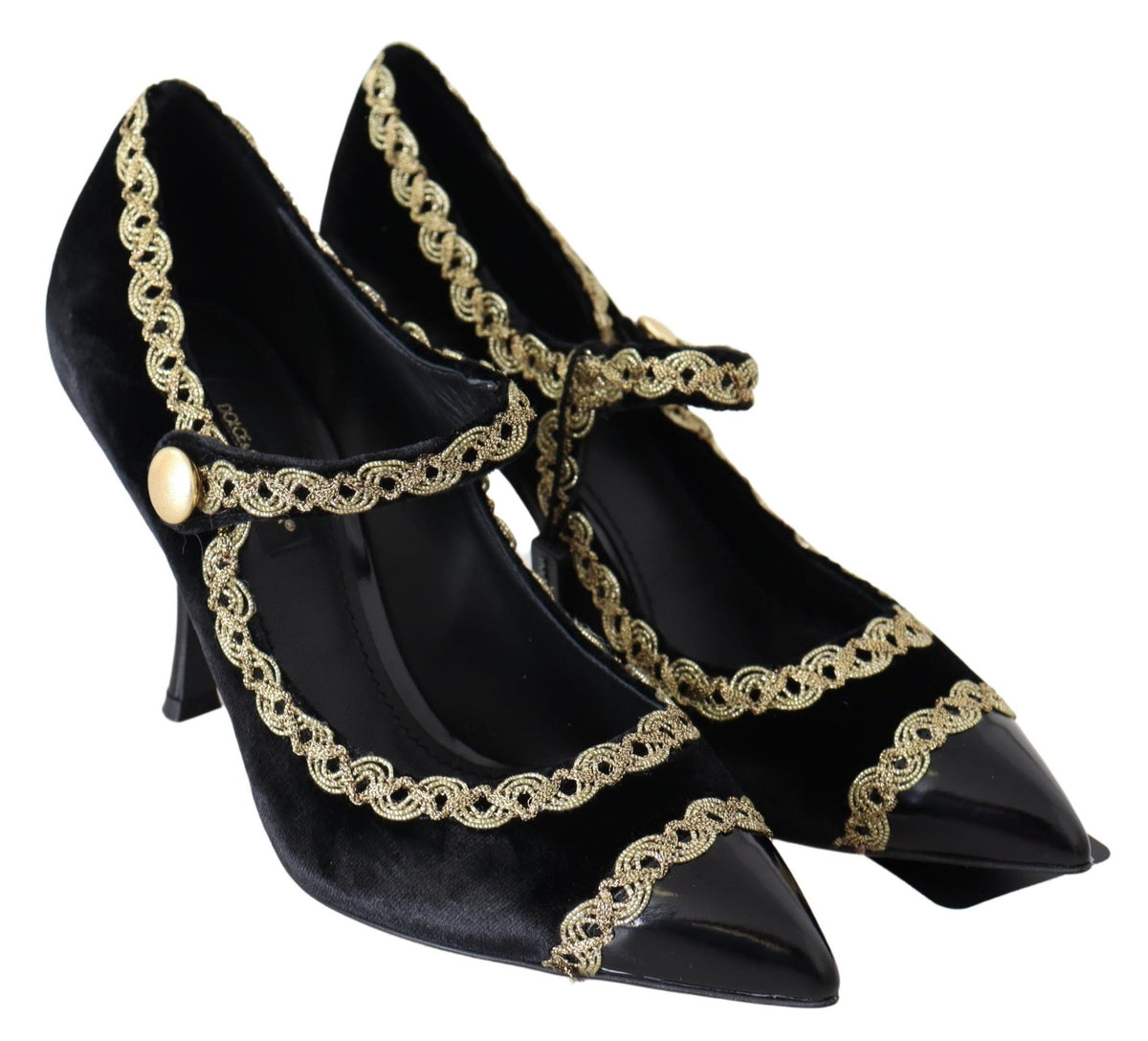 Dolce & Gabbana Black Velvet Gold Mary Jane Pumps – Gold Embroidery, Studded Ankle Strap, Stiletto Heel, Leather Sole, Italian
