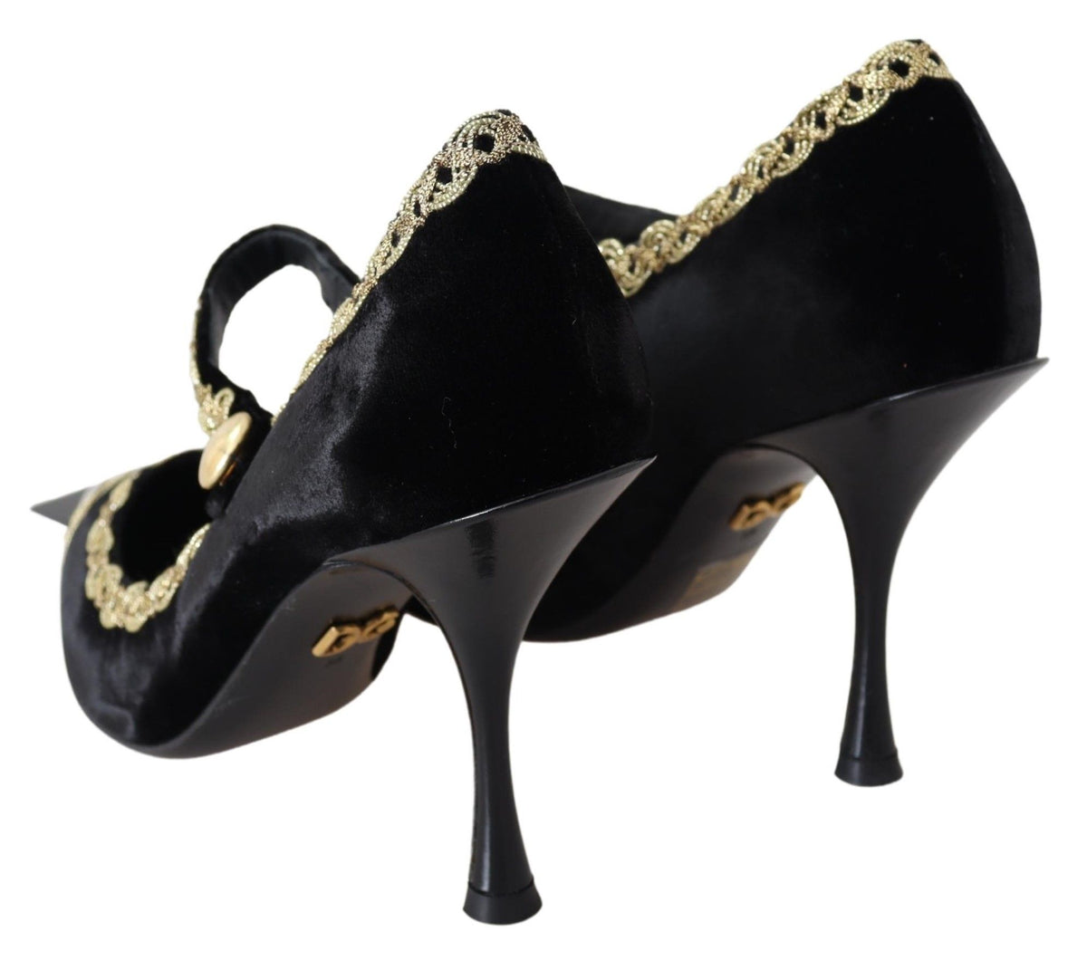 Dolce & Gabbana Black Velvet Gold Mary Jane Pumps – Gold Embroidery, Studded Ankle Strap, Stiletto Heel, Leather Sole, Italian