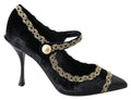Dolce & Gabbana Black Velvet Gold Mary Jane Pumps – Gold Embroidery, Studded Ankle Strap, Stiletto Heel, Leather Sole, Italian
