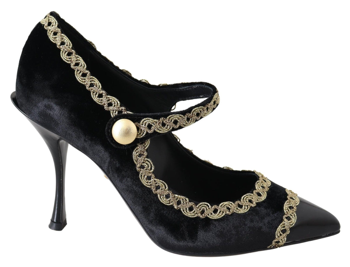 Dolce & Gabbana Black Velvet Gold Mary Jane Pumps – Gold Embroidery, Studded Ankle Strap, Stiletto Heel, Leather Sole, Italian