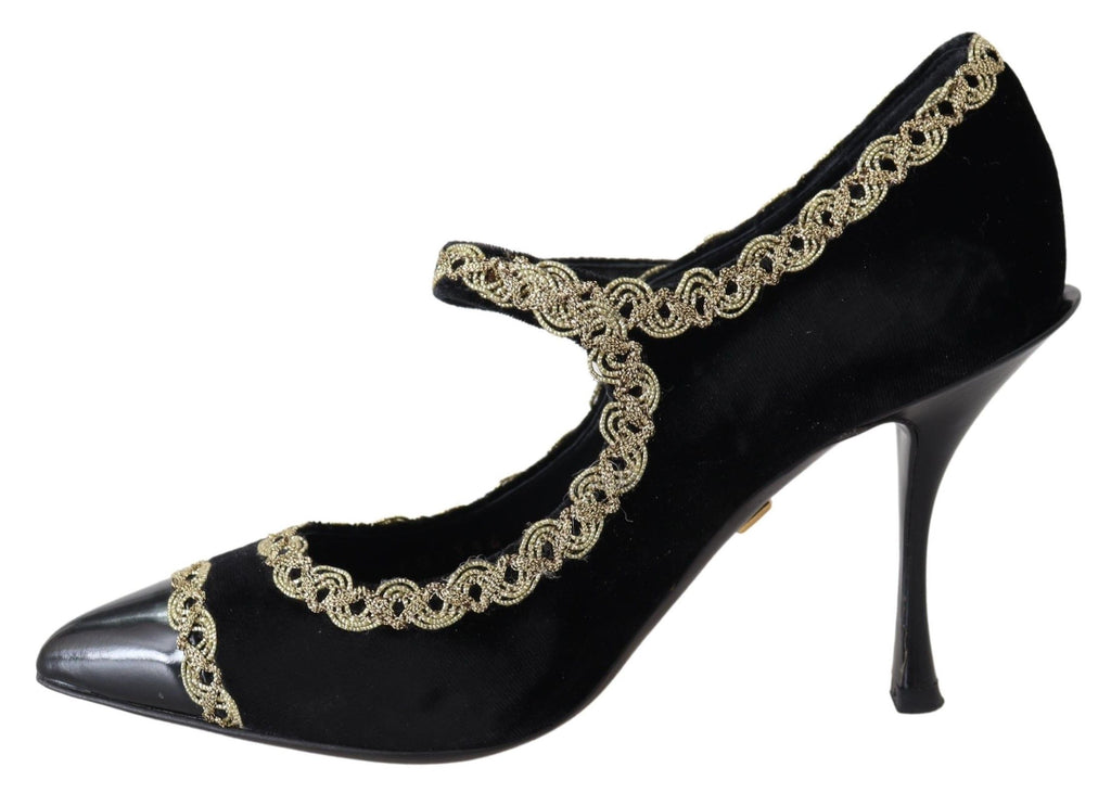 Dolce & Gabbana Black Velvet Gold Mary Jane Pumps – Gold Embroidery, Studded Ankle Strap, Stiletto Heel, Leather Sole, Italian