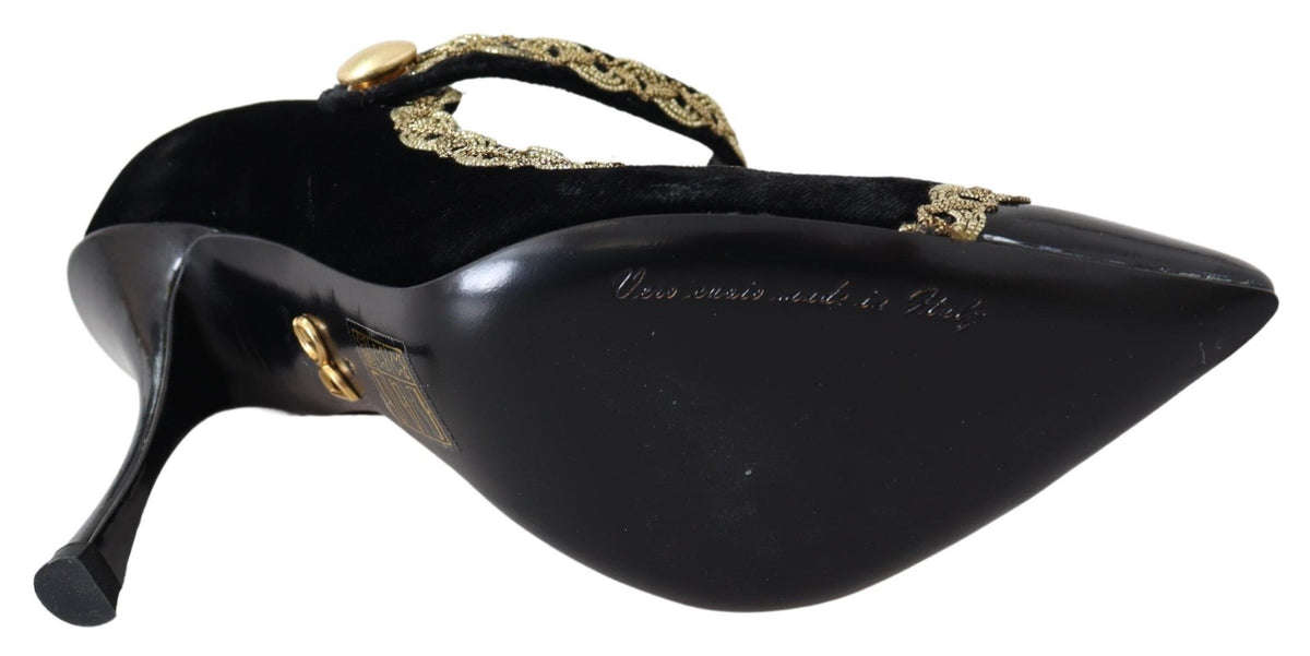 Dolce & Gabbana Black Velvet Gold Mary Jane Pumps – Gold Embroidery, Studded Ankle Strap, Stiletto Heel, Leather Sole, Italian