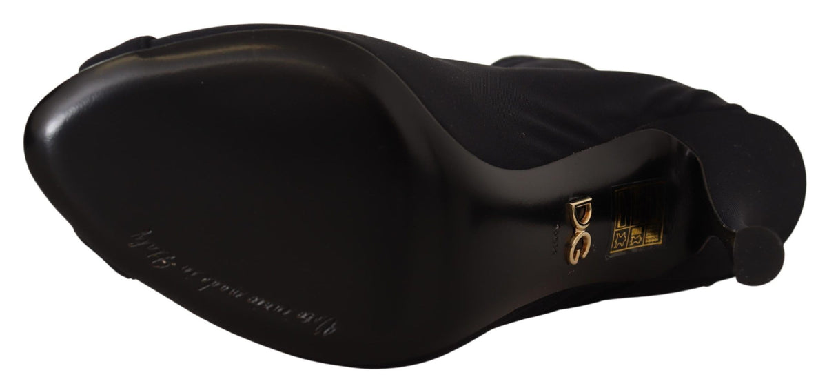 Dolce & Gabbana Black Stretch Short Ankle Boots – Open Toe, High Heel, Nylon-Elastane, Leather Sole, Italian