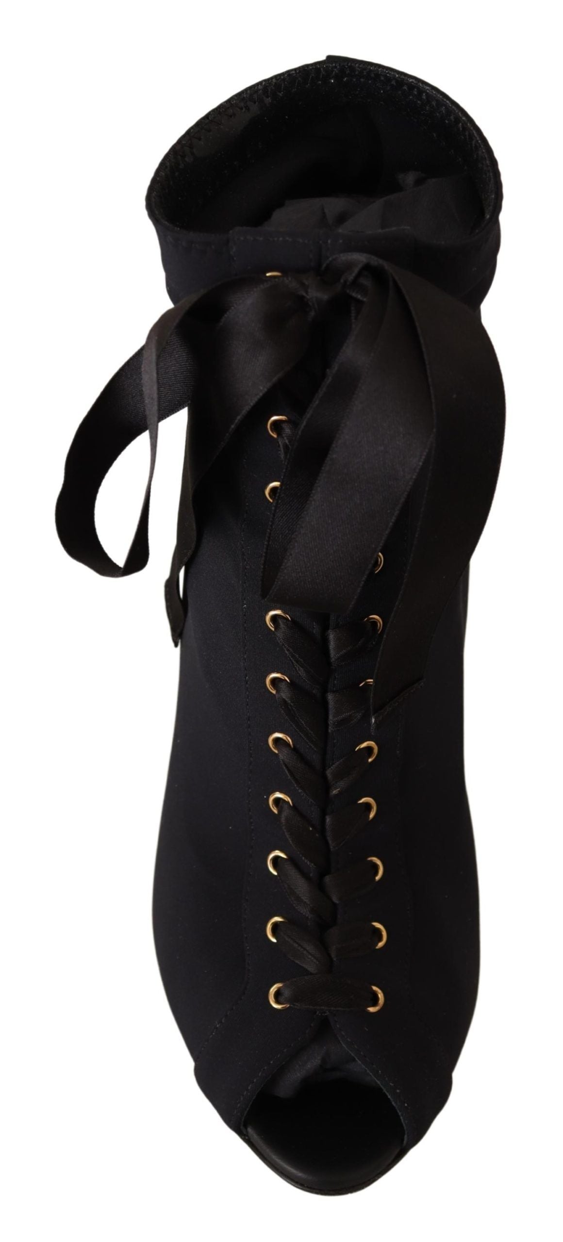 Dolce & Gabbana Black Stretch Short Ankle Boots – Open Toe, High Heel, Nylon-Elastane, Leather Sole, Italian