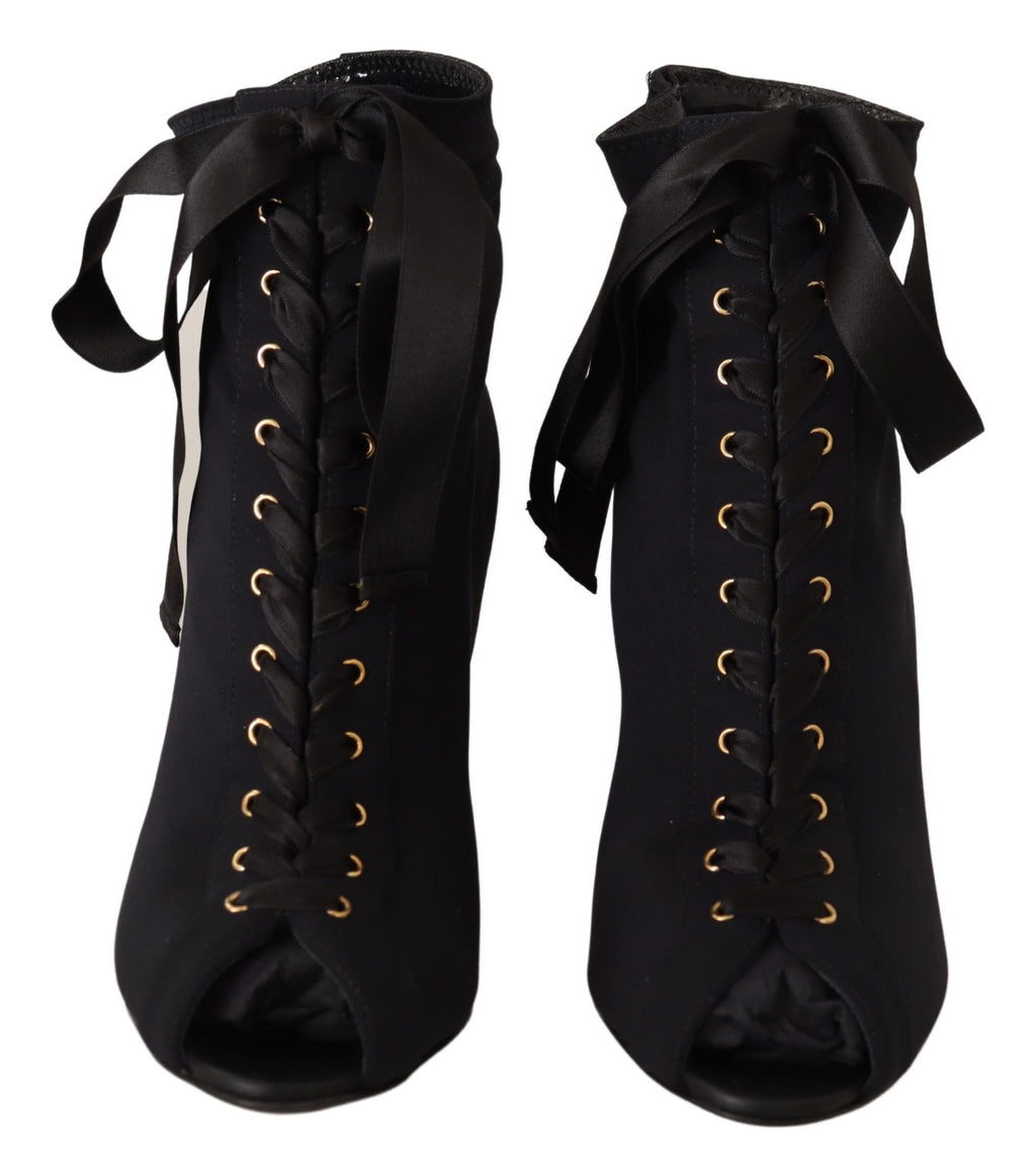 Dolce & Gabbana Black Stretch Short Ankle Boots – Open Toe, High Heel, Nylon-Elastane, Leather Sole, Italian