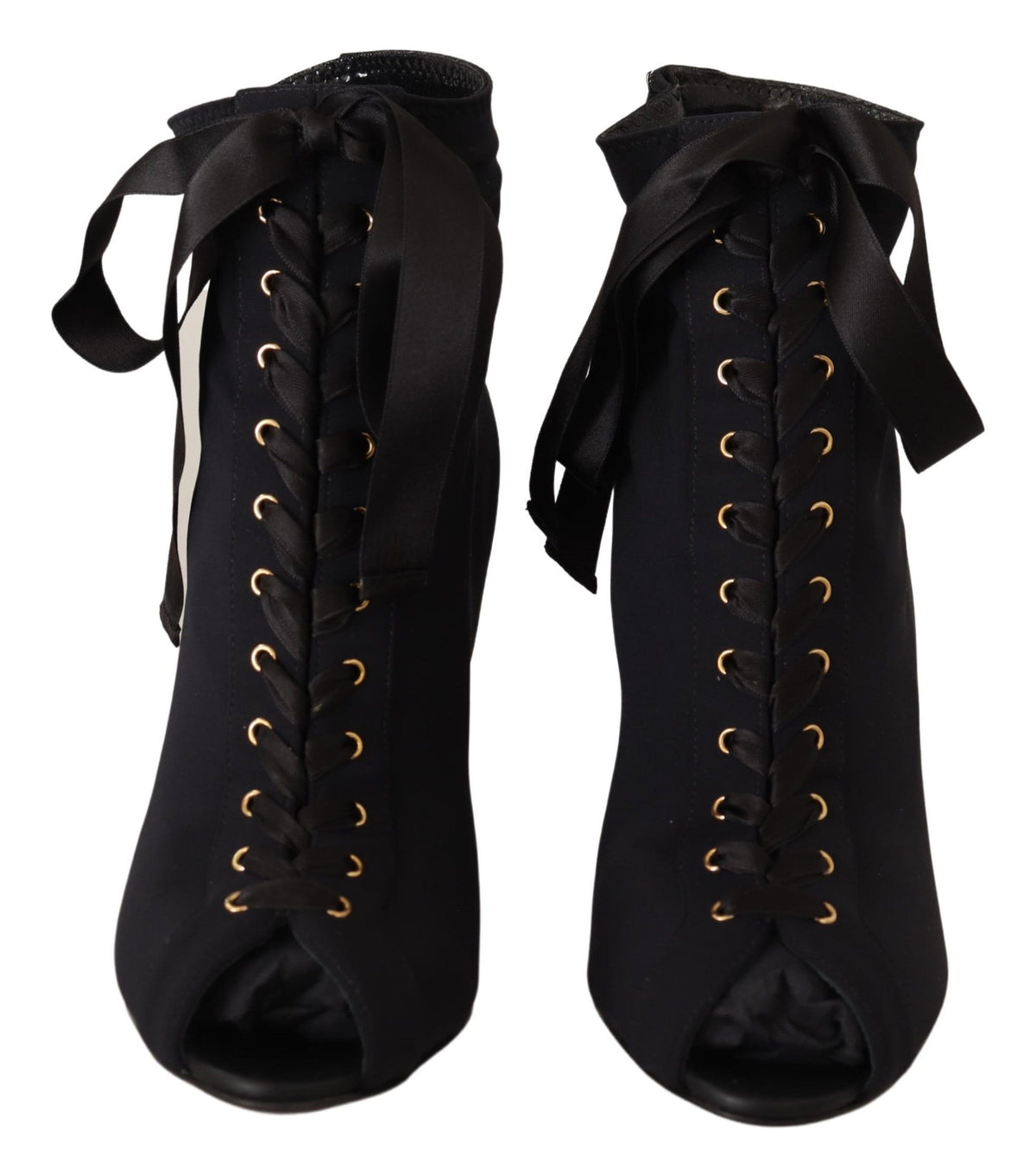 Dolce & Gabbana Black Stretch Short Ankle Boots – Open Toe, High Heel, Nylon-Elastane, Leather Sole, Italian
