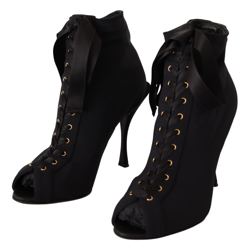 Dolce & Gabbana Black Stretch Short Ankle Boots – Open Toe, High Heel, Nylon-Elastane, Leather Sole, Italian