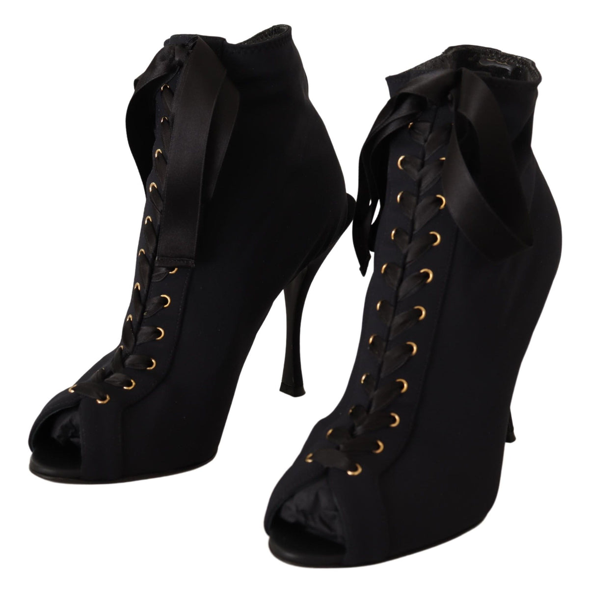 Dolce & Gabbana Black Stretch Short Ankle Boots – Open Toe, High Heel, Nylon-Elastane, Leather Sole, Italian
