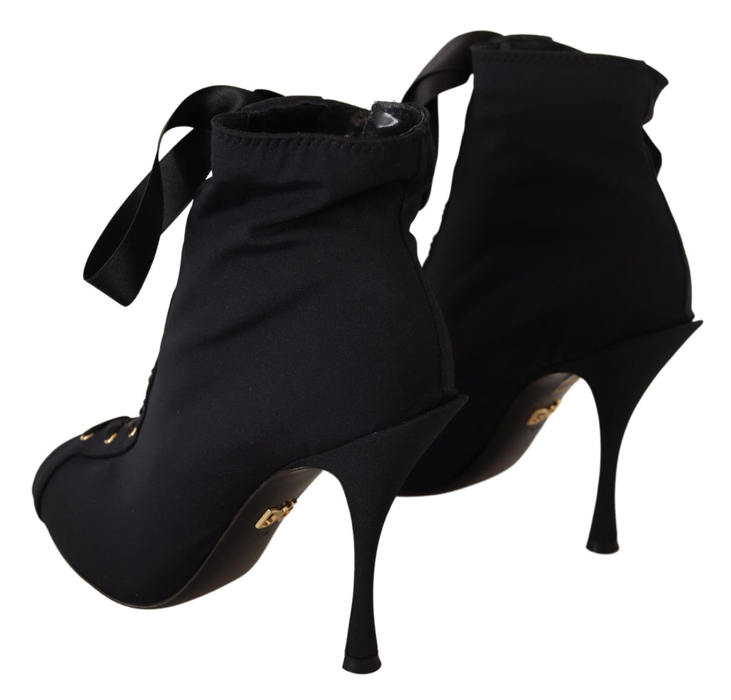 Dolce & Gabbana Black Stretch Short Ankle Boots – Open Toe, High Heel, Nylon-Elastane, Leather Sole, Italian