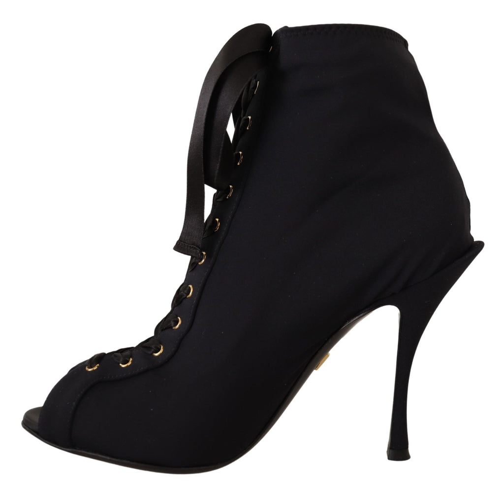 Dolce & Gabbana Black Stretch Short Ankle Boots – Open Toe, High Heel, Nylon-Elastane, Leather Sole, Italian