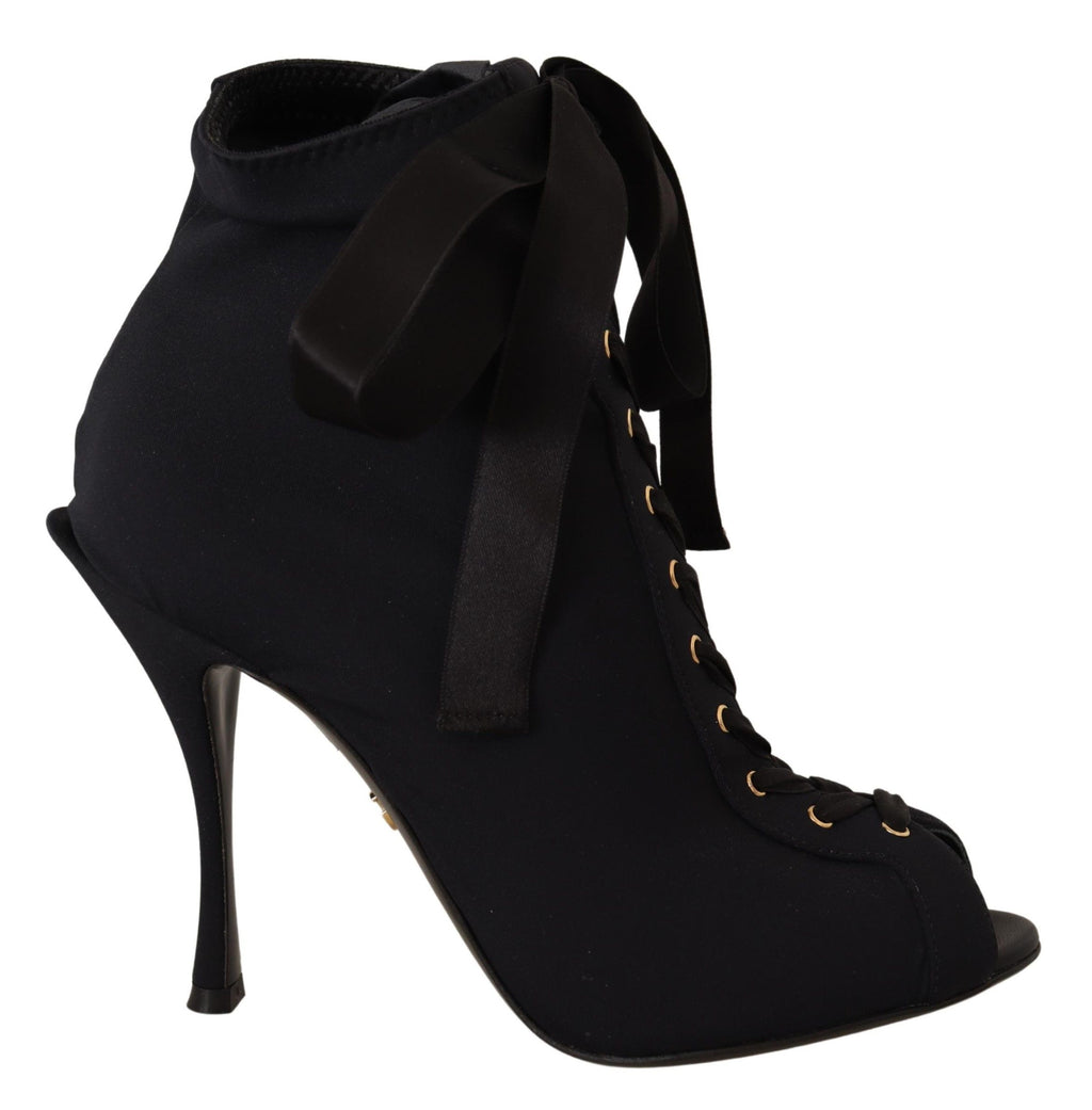 Dolce & Gabbana Black Stretch Short Ankle Boots – Open Toe, High Heel, Nylon-Elastane, Leather Sole, Italian