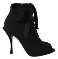 Dolce & Gabbana Black Stretch Short Ankle Boots – Open Toe, High Heel, Nylon-Elastane, Leather Sole, Italian